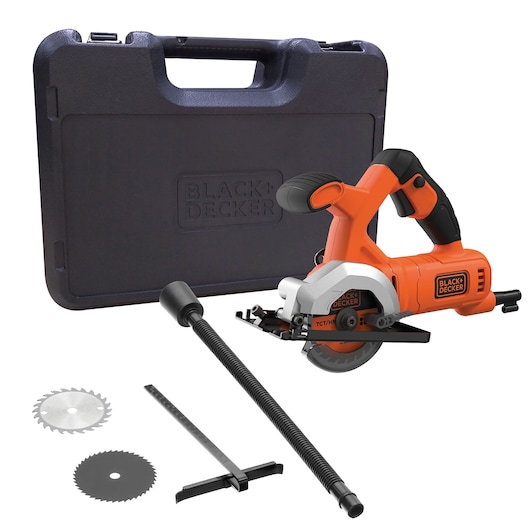 BLACK+DECKER BES510K compact circular saw kit with carrying case, extra blades, guide, and hose, front angle.