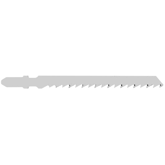 BLACKDECKER BES601 jigsaw blade, silver color, side view, sharp teeth, photography of cutting accessory.