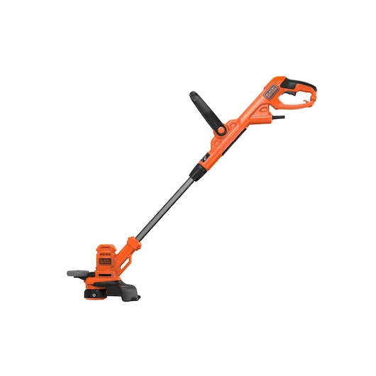 An orange and black BLACK+DECKER electric grass trimmer with an adjustable handle and telescopic shaft, shown on a white background.