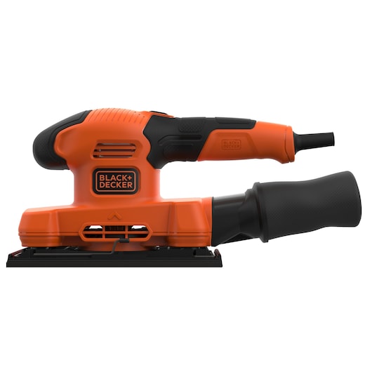 Photo of BLACK+DECKER BEW220 orange and black sheet sander, side angle on white background.