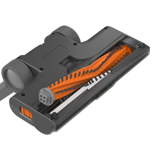 Close-up of a BLACK+DECKER vacuum cleaner brush head, showing the orange rotating brush and grey body components.