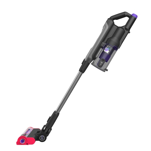 BLACK+DECKER BHFEA640WP cordless stick vacuum cleaner, black and grey with purple details, side view on white background.