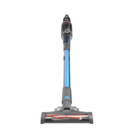A front view of a BLACK+DECKER cordless stick vacuum cleaner with a blue shaft, placed against a white background.