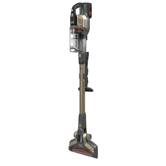 BLACK+DECKER cordless stick vacuum cleaner with a transparent dust container and a gold and black design, shown standing upright.