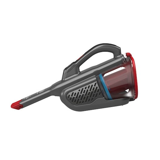 A handheld cordless vacuum cleaner with a sleek black and red design, featuring a transparent dust container and a narrow nozzle attachment.