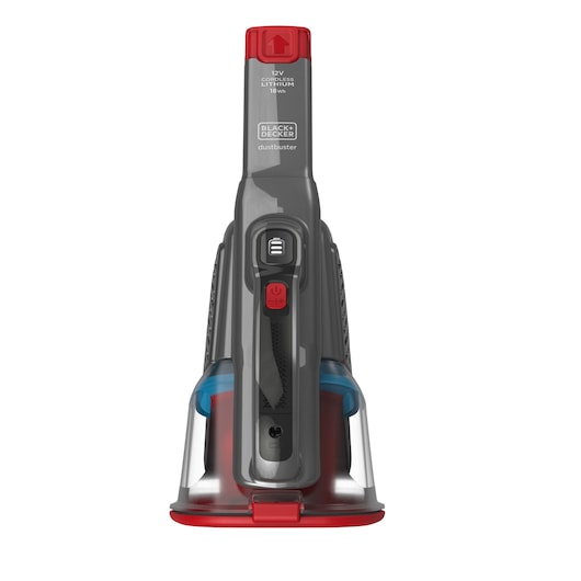 Front view of a BLACK+DECKER handheld cordless vacuum cleaner, model BHHV315J, featuring a gray and red design with a visible power button and dust chamber.
