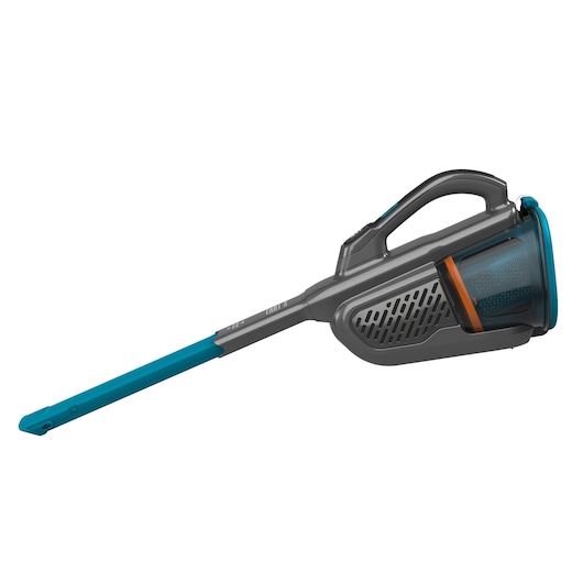 A BLACK+DECKER handheld vacuum cleaner with a long blue nozzle attachment, designed for precise cleaning in tight spaces. The vacuum is grey with blue and orange accents.