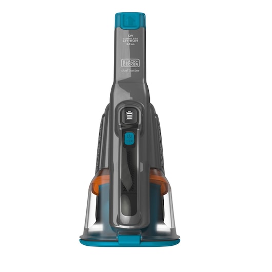 Front view of a BLACK+DECKER BHHV320B cordless handheld vacuum cleaner, featuring a grey and blue design with a transparent dust container, power button, and battery indicator visible.