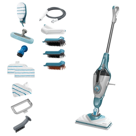 BLACKDECKER BHSM1610DSM steam mop with handle and multiple cleaning attachments arranged on white background, front angle.
