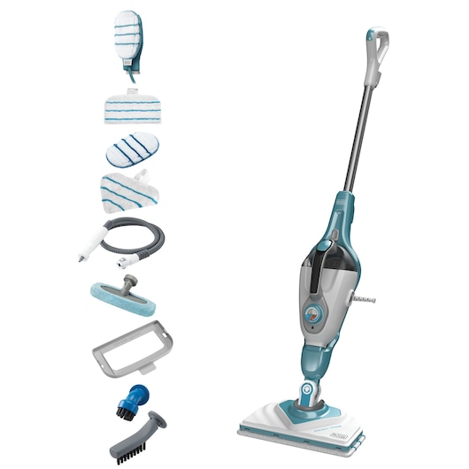 BLACKDECKER BHSM166DSM steam mop with multiple cleaning attachments, blue and white, side view, on white background.
