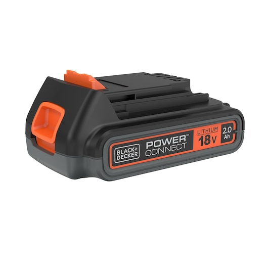 BLACKDECKER BL2018 lithium 18V 2.0Ah battery, black and orange, angled view on white background.