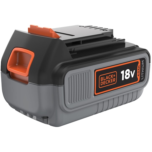 BLACK+DECKER BL4018 18V lithium battery front angle, grey and black with orange accents.