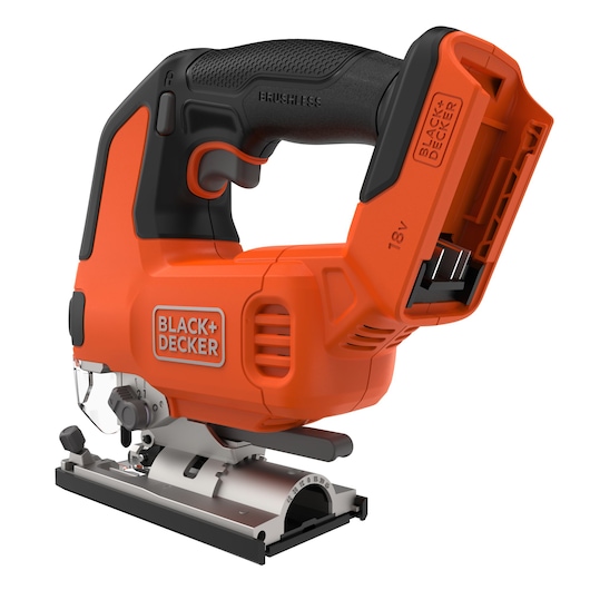 A BLACK+DECKER cordless jigsaw, model BLCJS78N, featuring an orange and black design with ergonomic handle and brushless motor. The product is shown without a battery attached.