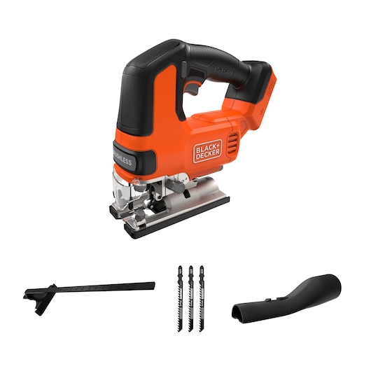 BLACKDECKER BLCJS78N cordless orange and black jigsaw with three blades, dust extraction nozzle, and parallel guide, front angle on white background.
