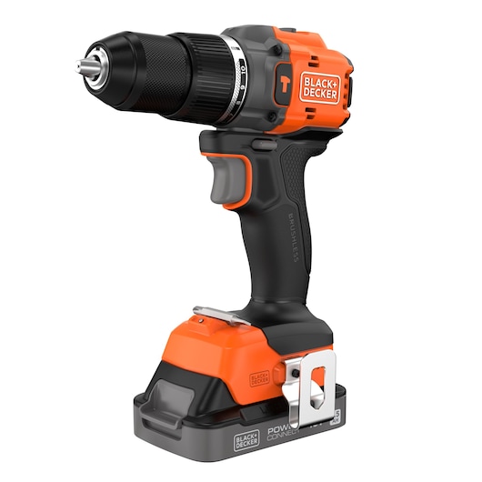 Cordless electric drill with a brushless motor, featuring an orange and black design and a BLACK+DECKER logo. The drill has a variable speed trigger, a keyless chuck, and a battery pack attached at the base.