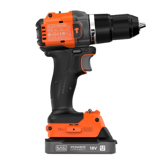 BLACK+DECKER cordless brushless power drill, 18V, with orange and black design and POWERCONNECT 2.5Ah battery.