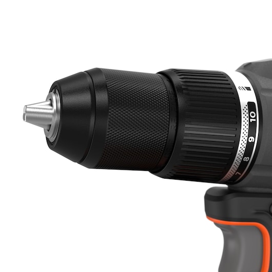 BLACKDECKER BLD783E1K cordless drill close-up, black textured chuck and torque adjustment ring, white background.