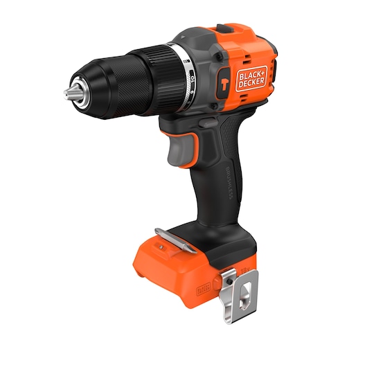 A BLACK+DECKER cordless drill with orange and black design, featuring a metal belt clip and ergonomic handle. The drill is shown without a battery attached and is positioned on a white background.