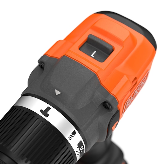 BLACKDECKER BLD783N cordless drill close-up, showing orange and black body with visible speed selector and settings.