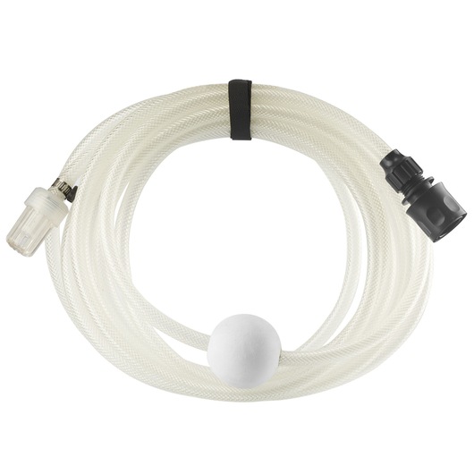 A coiled translucent hose kit with black and clear connectors and a white filter ball, designed for use in photography equipment.