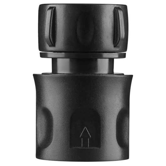 Close-up image of a black plastic connector piece with textured grip and arrow marking, typically used for attaching hoses or accessories.