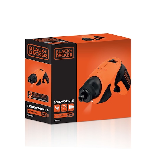 Photo of BLACK+DECKER CS3651LC-TR cordless screwdriver packaging, orange and black box with product image and features.