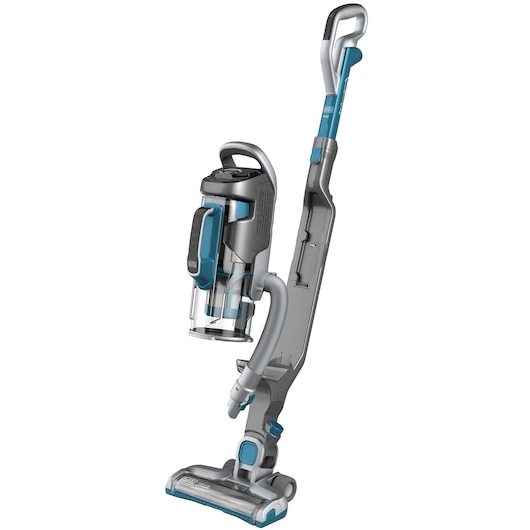 A BLACK+DECKER upright vacuum cleaner with a detachable canister, shown in silver and blue colors.