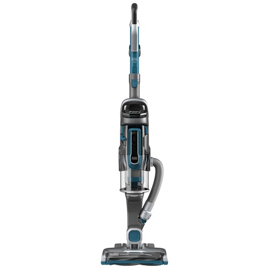 Front view of a BLACK+DECKER upright vacuum cleaner, model CUA625BH, with a grey and blue color scheme. The vacuum features a transparent dust container and an attached hose.