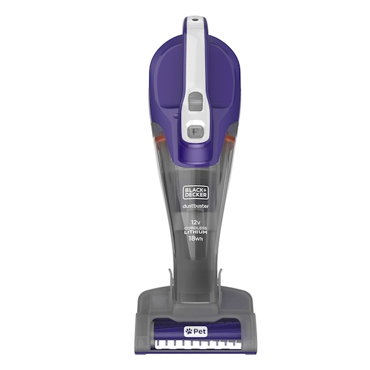 Front view of a BLACK+DECKER Dustbuster handheld vacuum cleaner with a purple and grey design, labeled as suitable for pet hair. The device is cordless and has a lithium battery.