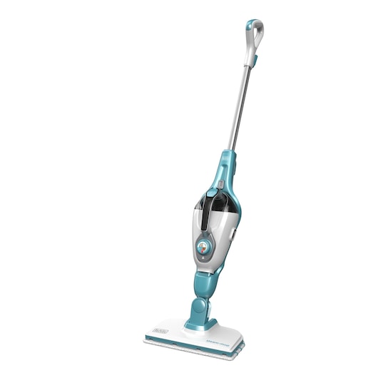 BLACKDECKER FSMH1321 steam mop, white and turquoise, upright front angle, photography.