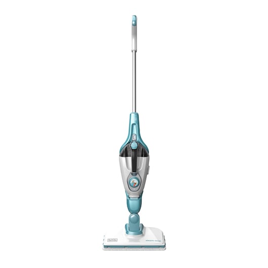 BLACKDECKER FSMH1321 steam mop front angle, white and blue, upright position, photography.