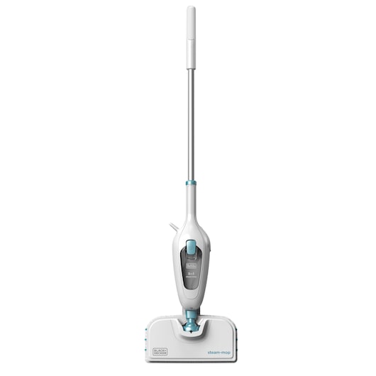 BLACKDECKER FSMH13E5 steam mop upright on white background, white and blue design, front angle.