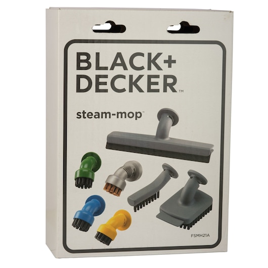 Photo of BLACK+DECKER steam-mop accessory kit FSMH21A packaging, showing various cleaning brush attachments on white background.