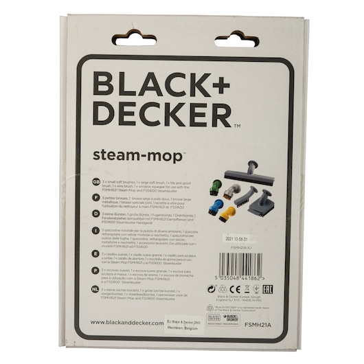 BLACK+DECKER FSMH21A steam-mop accessory kit retail box back, shows attachments and usage information, photography, rear angle.
