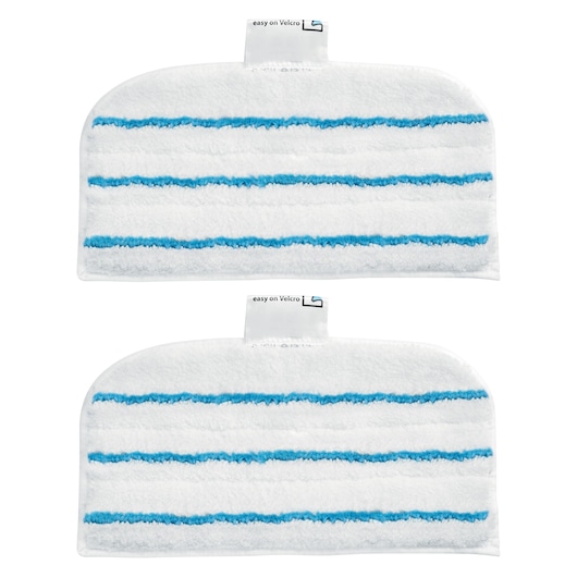 Two rectangular white microfiber mop pads with blue stripes and a fabric tab, shown against a plain background.