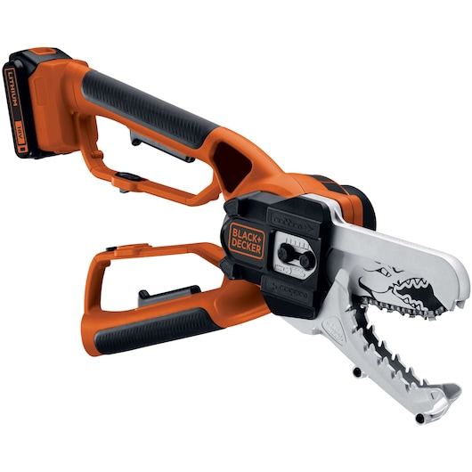 A BLACK+DECKER branded cordless garden pruning saw with an 18V lithium battery, featuring orange and black handles and a jaw-shaped cutting blade.