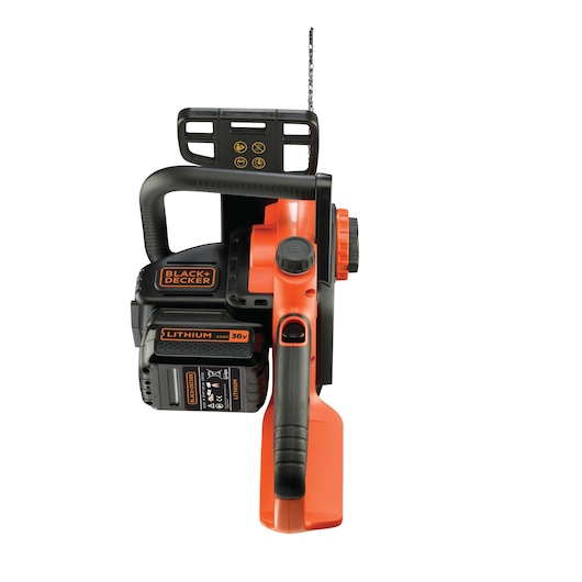 A BLACK+DECKER cordless chainsaw, featuring a 36V lithium battery, shown from the front with the handle and safety guard visible.