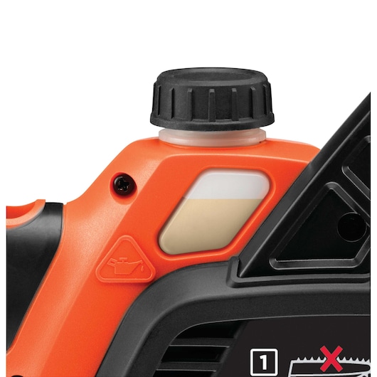 BLACKDECKER GKC3630L20 oil tank close-up, showing black cap, translucent oil window, orange casing, white background.