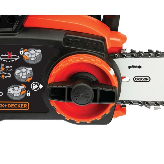 BLACKDECKER GKC3630L20 chainsaw side view with chain tension adjustment knob and instruction graphics.