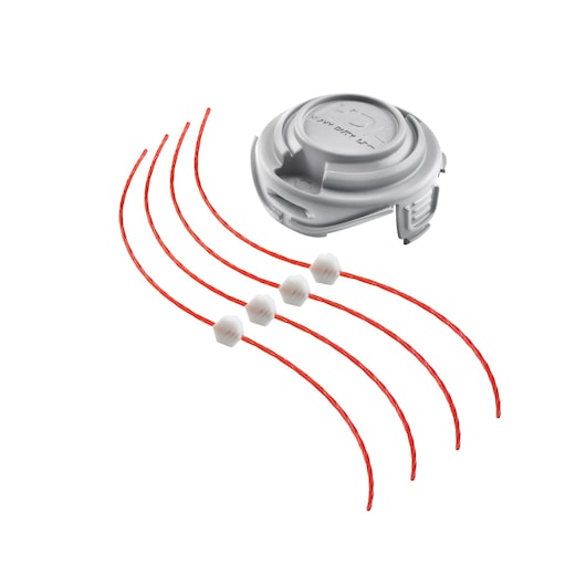 BLACKDECKER GL7033 grass trimmer spool and four red cutting lines with white connectors, top angle photo.
