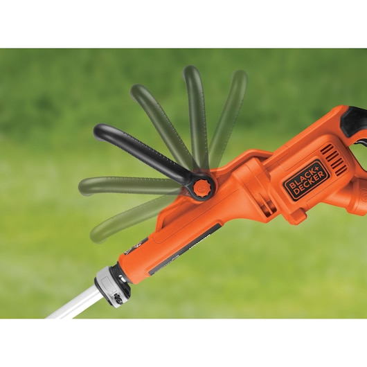 Photo of BLACKDECKER GL7033 orange grass trimmer handle with adjustable black auxiliary handle, side angle.