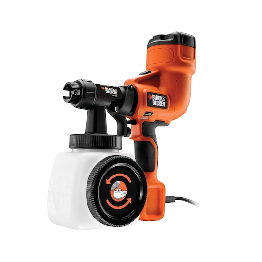 BLACK+DECKER HVLP200 electric paint sprayer with an orange and black body and a detachable white paint container, designed for efficient surface painting.