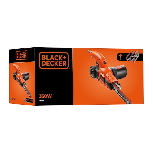 Photo of BLACK+DECKER KA900E 350W power file box, showing the orange tool and included sanding belts.