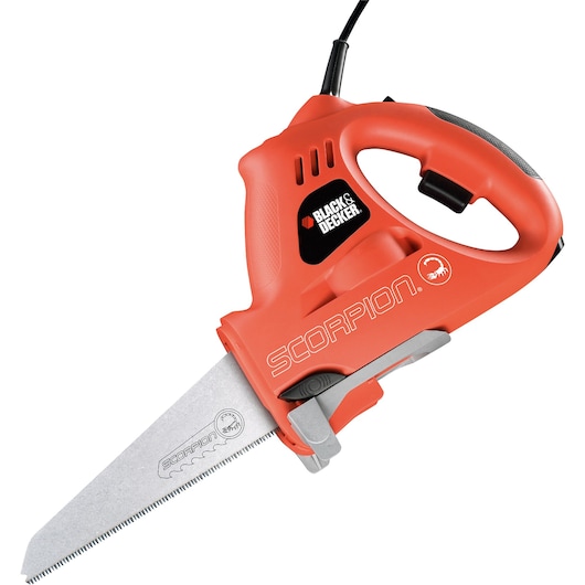 A BLACK+DECKER Scorpion electric saw with an orange body and a metal blade, featuring a handle and a power cord.