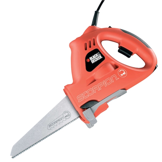 A BLACK+DECKER Scorpion electric saw with an orange handle and a metal blade, suitable for multipurpose cutting tasks.