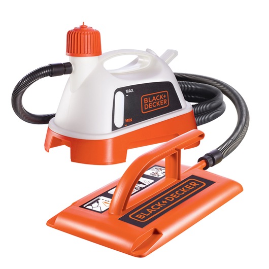 A BLACK+DECKER branded handheld steam cleaner with an orange and white design, featuring a hose and a flat cleaning attachment.
