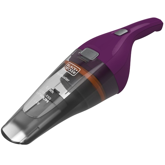 A BLACK+DECKER handheld cordless vacuum cleaner with a purple body and transparent dust collector, shown against a white background.