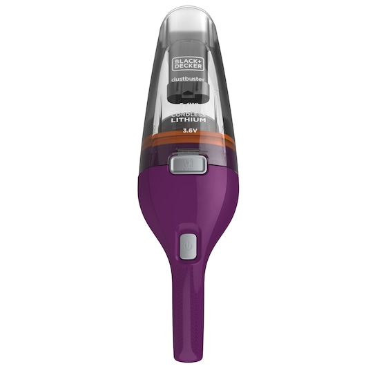 A BLACK+DECKER dustbuster handheld cordless vacuum cleaner with a purple body and transparent top section, featuring a lithium battery and power button, shown from the front view.
