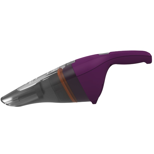 A cordless handheld vacuum cleaner with a purple and black design, viewed from the side.
