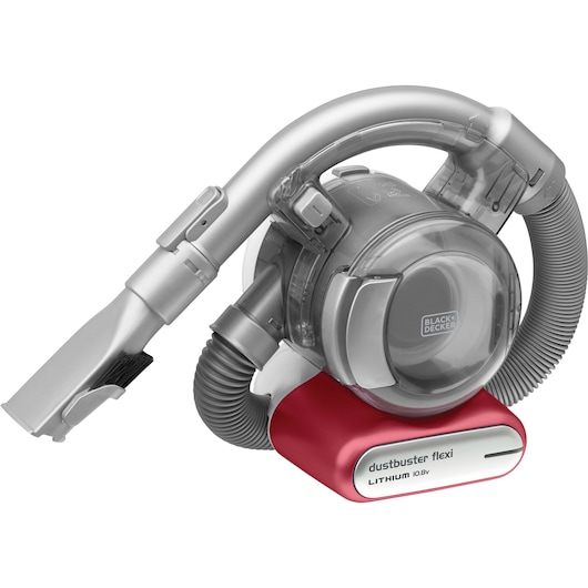 A BLACK+DECKER Dustbuster Flexi handheld vacuum cleaner with flexible hose and brush attachment, shown with a red and silver design.